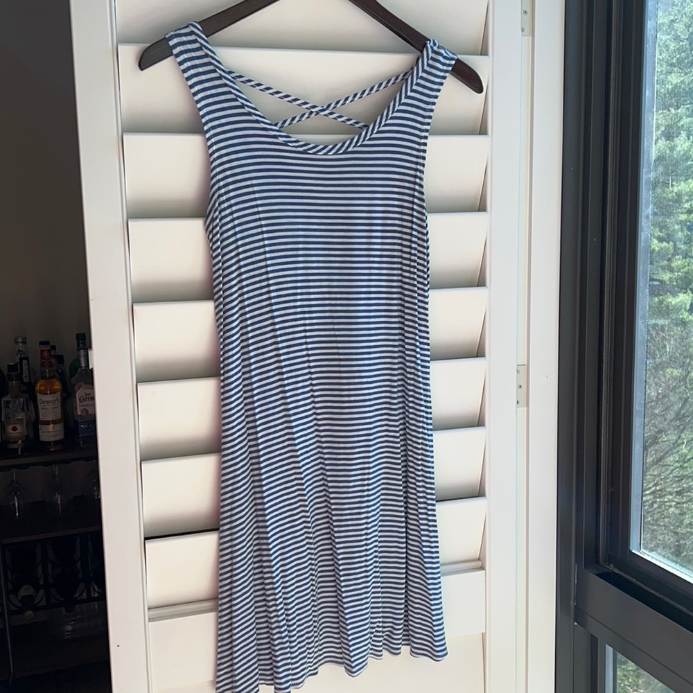 Blue and White light striped tank top sundress with criss cross back